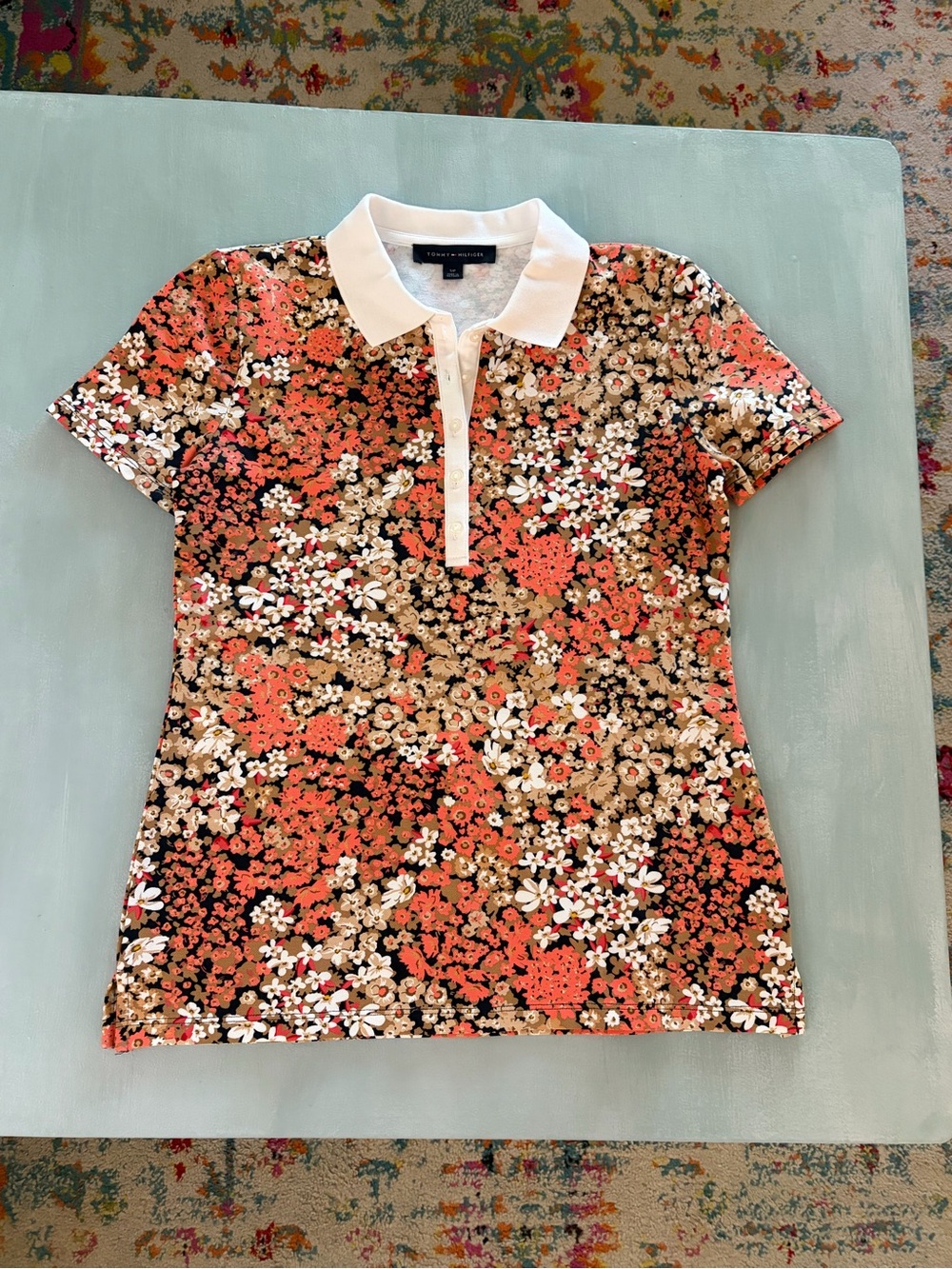 Tommy Hilfiger Coral, White & Black Floral Polo Tee